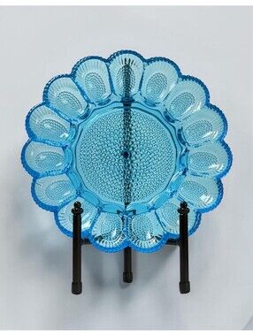 Vintage Indiana Glass Horizon Blue Hobnail Deviled Egg Plate 11” Slot Aqua